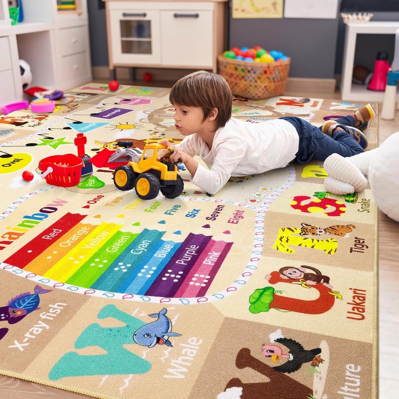B BENRON Kids Rugs for Playroom Washable, Educational and Fun Learning Rugs with ABC Alphabet Animals Shapes, Baby Toddler Children's Play Mat for Bedroom Classroom Nursery, 5x7 Feet, Beige and Pink - Image 2